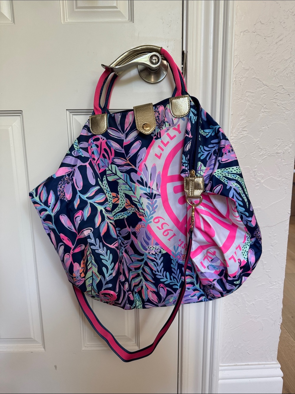 Lilly Pulitzer Navy and Pink Floral Logo Tote